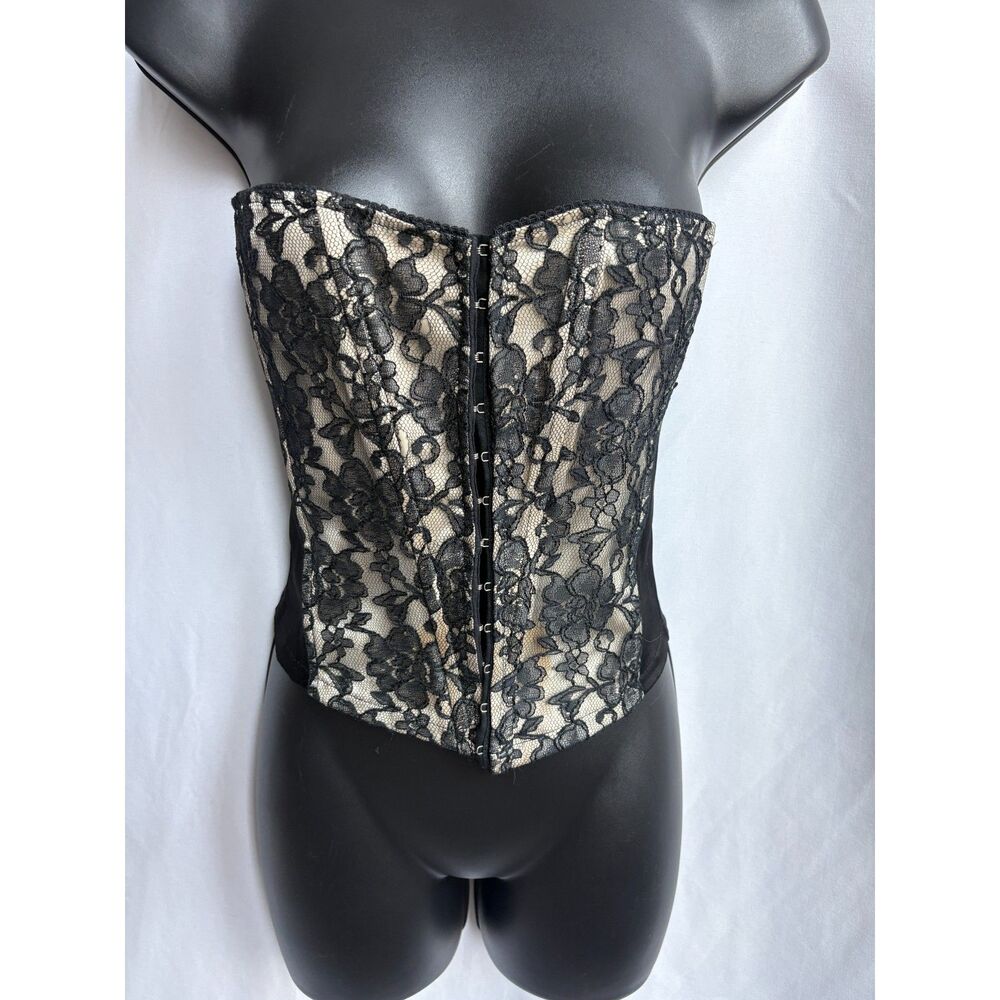 DMBM Black Satin Corset Top Lace Size S Witchy Date Romantic Feminine Vintage